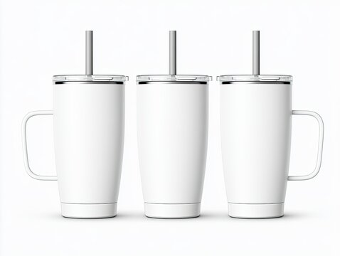 Three identical white insulated tumblers with handles and straws