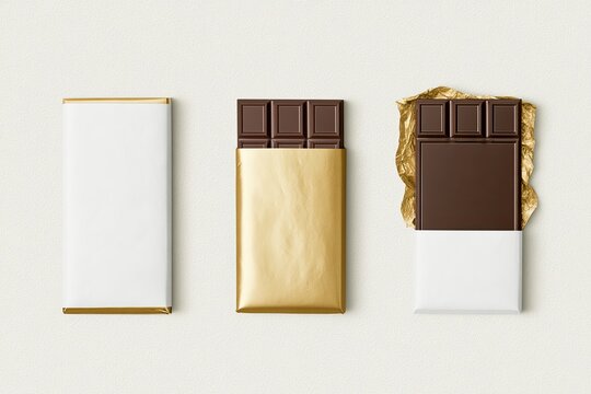 Three chocolate bars, one unwrapped, one half-wrapped, one sealed