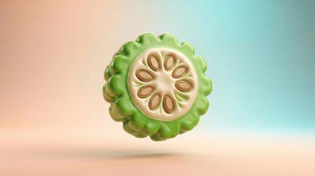 Minimalist 3D icon of a sliced bitter melon showing interior seeds isolated on transparent background