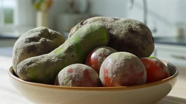 Vegetable bowl in a kitchen gradually changes from fresh produce to moldy, decayed vegetables. Food safety education, food preservation campaigns, and food waste awareness.