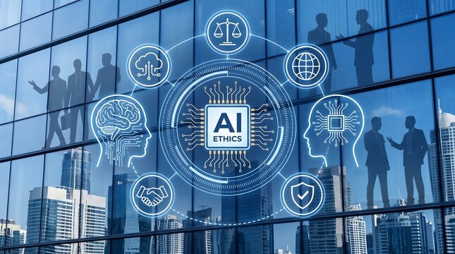AI ethics concept with icons and business people reflection