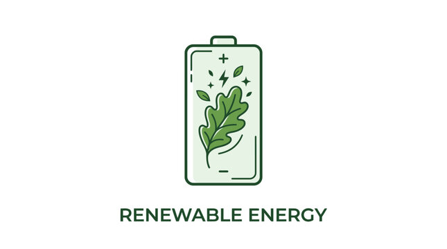 Green leaf-shaped battery icon symbolizing renewable energy sources for sustainable power generation.