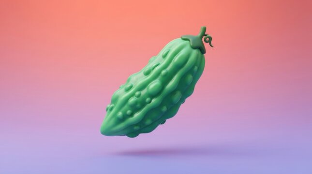 Minimalist 3D icon of a fresh green bitter gourd vegetable floating isolated on transparent background