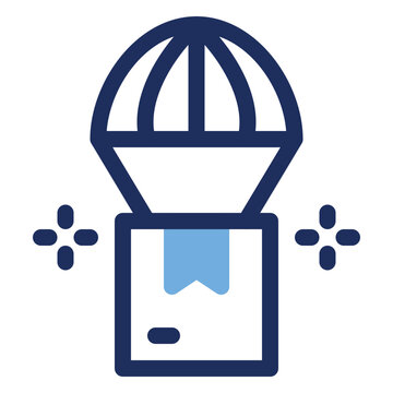 Duo tone icon of a hot air balloon carrying a cargo box, ideal for delivery, shipping, and logistics design projects
