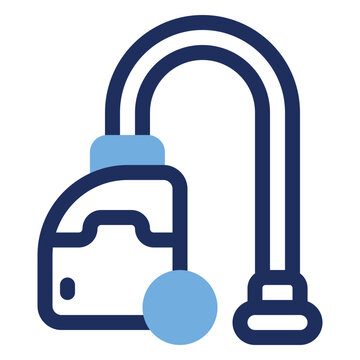 Duo tone icon of a canister vacuum cleaner with hose and wheels, ideal for home cleaning, housekeeping, and appliance design projects