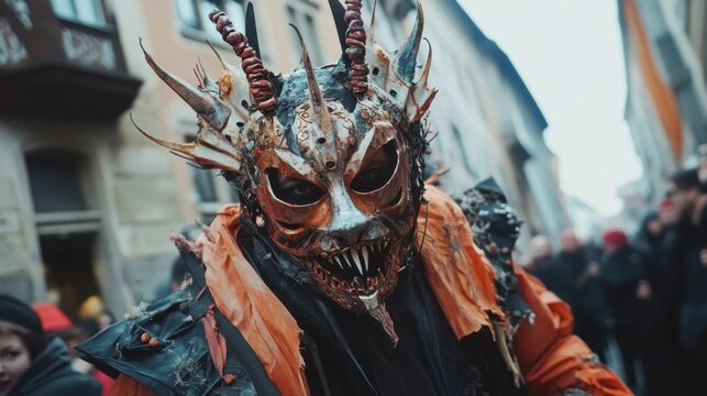 Perchten Masquerade Participant in Traditional Alpine Folklore Costume