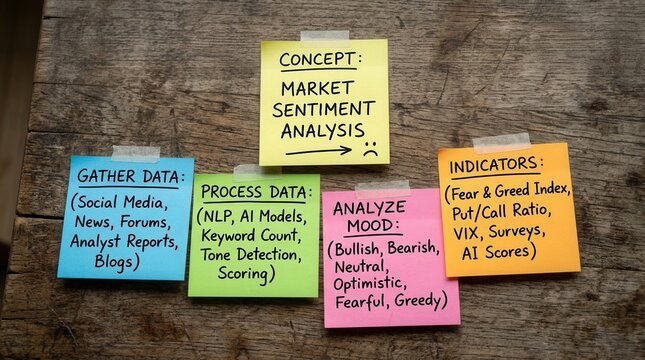 Market Sentiment Analysis Concept Sticky Notes Workflow Overview