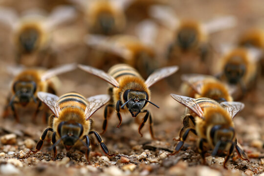 animals by ai, bees on sandy ground, foreground workers with striped abdomens, shallow focus, colony collapse disorder, photorealistic