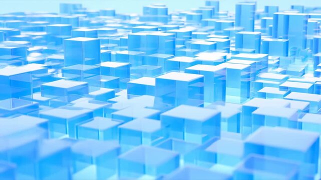 Translucent blue geometric blocks form a layered abstract digital landscape with gentle camera motion. Technology presentations, digital business media, and software promotion.