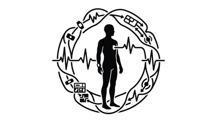 Fototapeta premium Human silhouette connected to digital health tracking systems featuring pulse waves and medical data monitoring elements