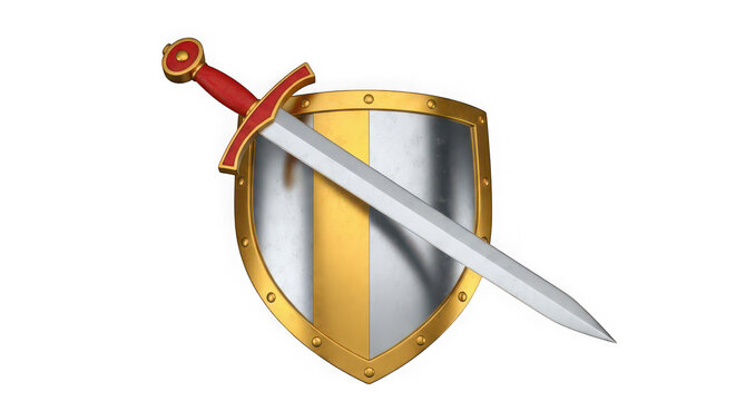 Medieval golden shield with a sharp silver sword icon isolated on transparent background