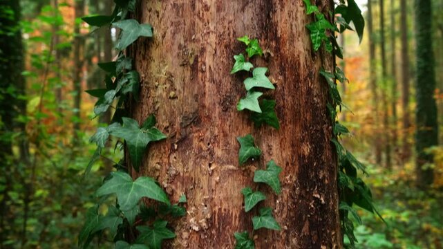 Autumn Forest and Green Ivy 4K. Cinematic Camera Panning Up Old Tree Bark Wrapped in Fresh Green Ivy with Blurred Autumn Forest Background