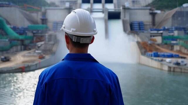 Engineer observes flowing water beside a hydroelectric dam at an industrial facility. Renewable energy advertising, hydropower industry presentations, and civil engineering education.