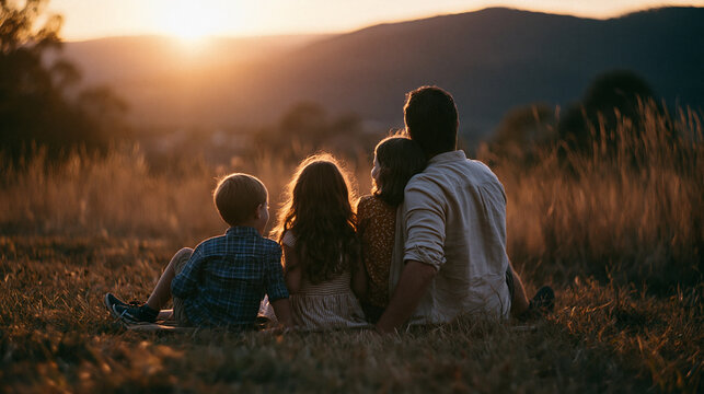A heartwarming golden hour scene of a family sitting together during camping