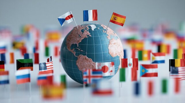Globe surrounded by international flags representing global diversity and unity
