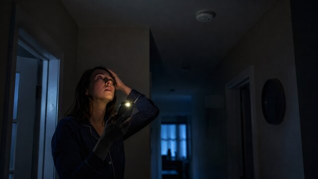 Woman checking smoke detector on ceiling with phone flashlight in dark hallway at night. Home fire safety and alarm inspection concept.