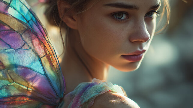 Close-up portrait of a young woman wearing iridescent fairy wings.