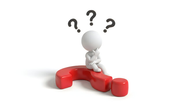 3D character sitting on a large red question mark illustration