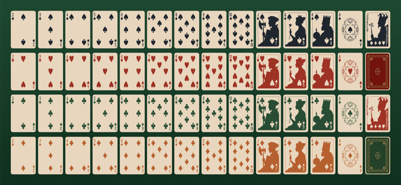 Cozy  color palette, full deck printable vector playing cards in New classic design. Portrait silhouette of the King, Queen, Jack, Joker.  4 suits spades, hearts, diamonds, clubs.
