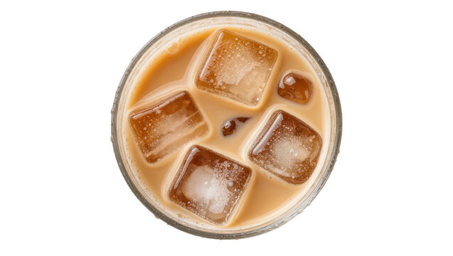 Refreshing iced coffee with ice cubes in a glass, isolated on transparent background