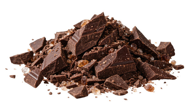 Dark chocolate chunks with sugar crystals, isolated on transparent background