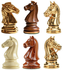 Collection of six chess knight pieces in gold, dark wood, and ivory, isolated on a transparent background. © DinhBien