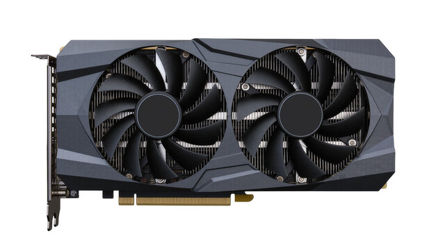 Dual-fan graphics card with dark grey casing, isolated on transparent background