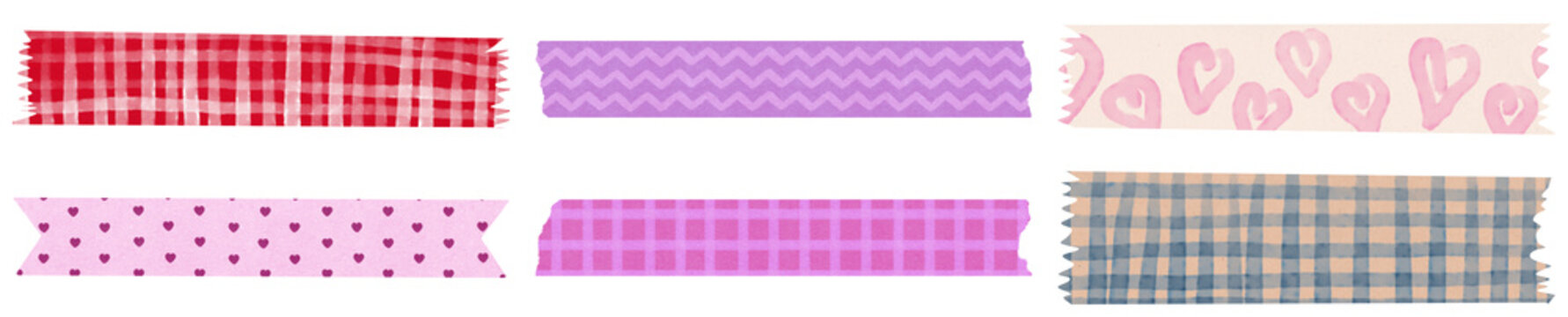 Collection of six decorative washi tapes with different patterns, isolated on transparent background