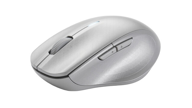 Ergonomic silver wireless computer mouse with scroll wheel, isolated on transparent background