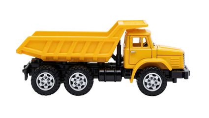 Yellow toy dump truck with black wheels, isolated on transparent background © Ozols