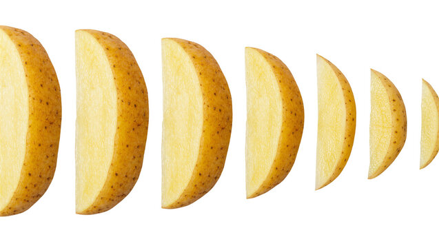 Six potato wedges in decreasing size, isolated on transparent background