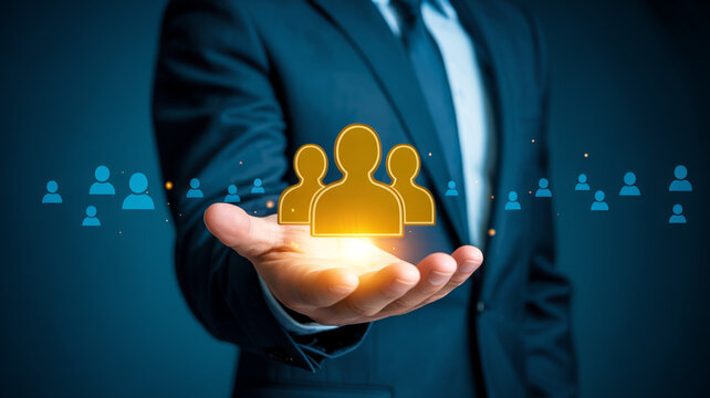 Hand holding glowing human group icon representing customer relationship management and human resources recruitment.
