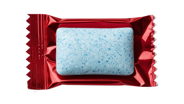 Rectangular blue gum piece in shiny red foil wrapper, isolated on transparent background