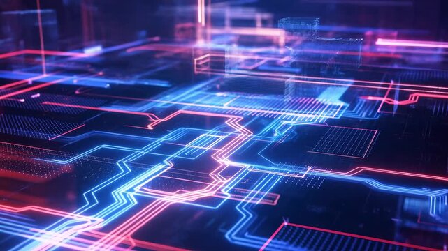 Neon circuit pathways flow across a dark futuristic digital surface. Technology presentations, cybersecurity media, and software promotion.
