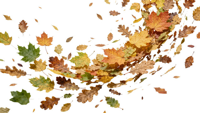 Swirling autumn leaves in various colors, isolated on transparent background