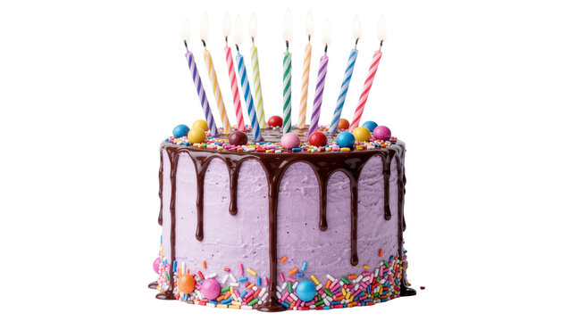 Purple frosted birthday cake with chocolate drip colorful sprinkles candies and lit candles, isolated on transparent background