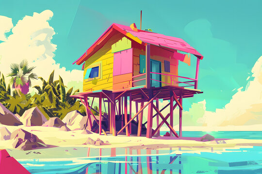 Colorful stilt house on sunny tropical beach with ocean reflection and palm trees