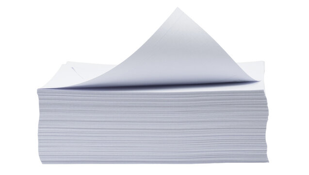 Stack of white paper sheets with one page turned over, isolated on transparent background
