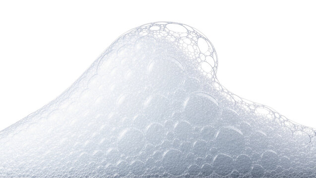 Close-up of frothy white soap bubbles forming a wave, isolated on transparent background