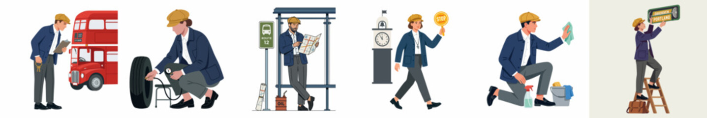 Obraz premium Set of vector illustrations depicting a male service worker in a uniform performing various urban tasks, from maintenance to public transit scenarios.