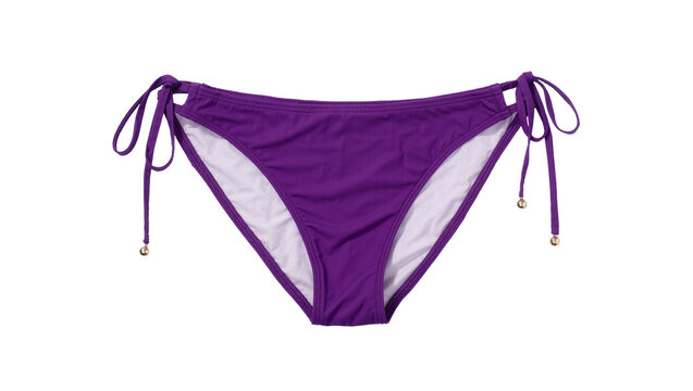 Purple bikini bottoms with side ties and gold beads, isolated on transparent background