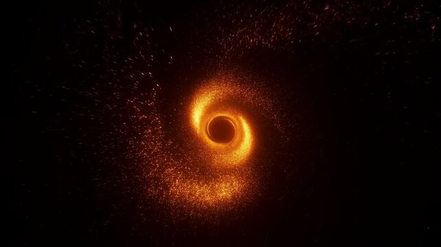 Glowing orange particles rotate into a spiral vortex on a black abstract field. Science presentations, technology promos, and cinematic intros.