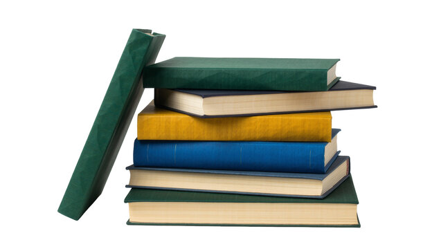 Stack of colorful hardcover books leaning against a single green book, isolated on transparent background