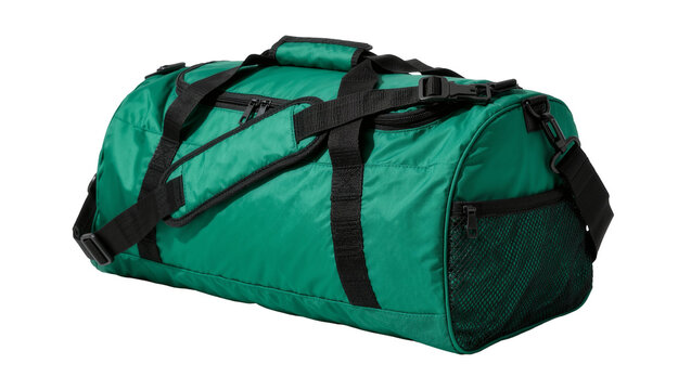 Green duffel bag with black straps and mesh pocket, isolated on transparent background