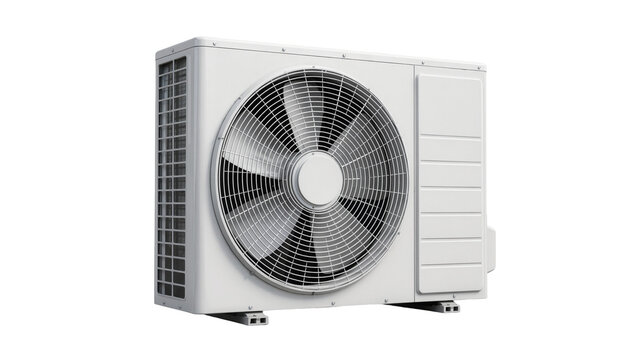 White outdoor air conditioning unit with large fan, isolated on transparent background