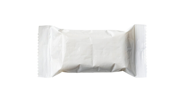 Small rectangular white candy bar wrapper sealed with crimped edges, isolated on transparent background