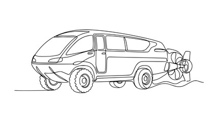 Naklejka premium Amphibious Vehicle Drawing, Continuous Line Art, Water Transportation Concept
