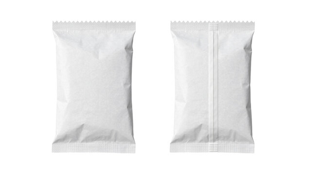 Two blank white paper sachets front and back views, isolated on transparent background