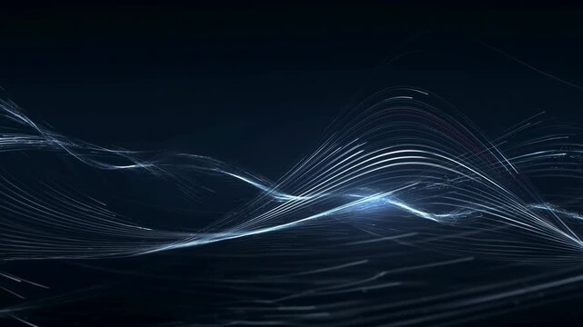 Flowing luminous lines undulate through a dark abstract digital space. Technology presentations, digital product intros, and corporate title sequences.
