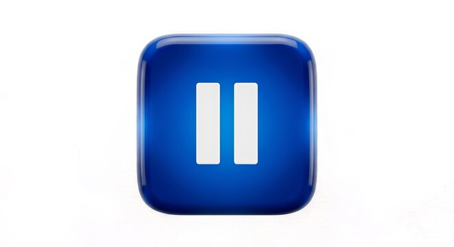 3D blue glossy pause icon, rounded square button with two white vertical lines, isolated on white background.